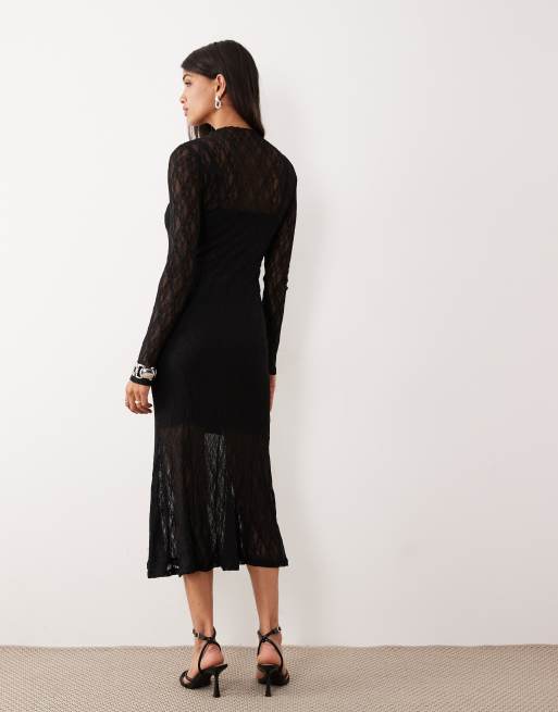 AWARE - Vestito midi in pizzo nero trasparente elasticizzato, 3 di 4
