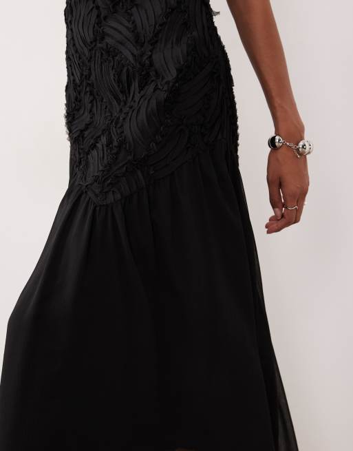 AWARE - Vestito midi nero in chiffon con corpino testurizzato, 3 di 4