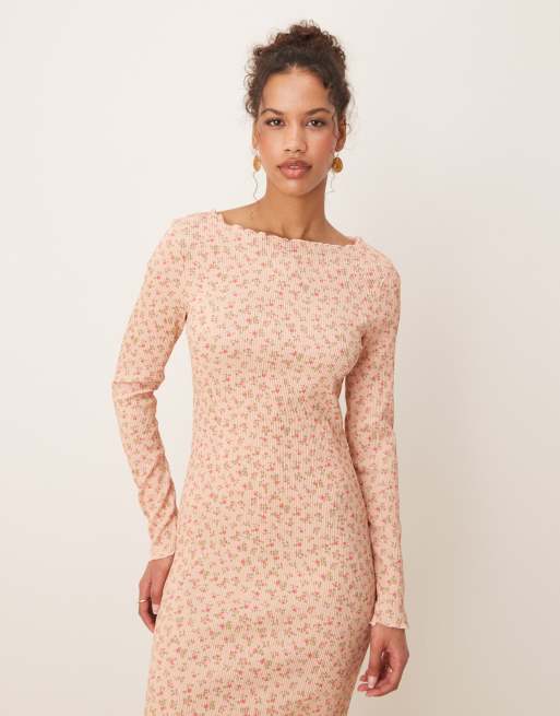 AWARE - Vestito midi plissé rosa chiaro con stampa a fiori, 3 di 4
