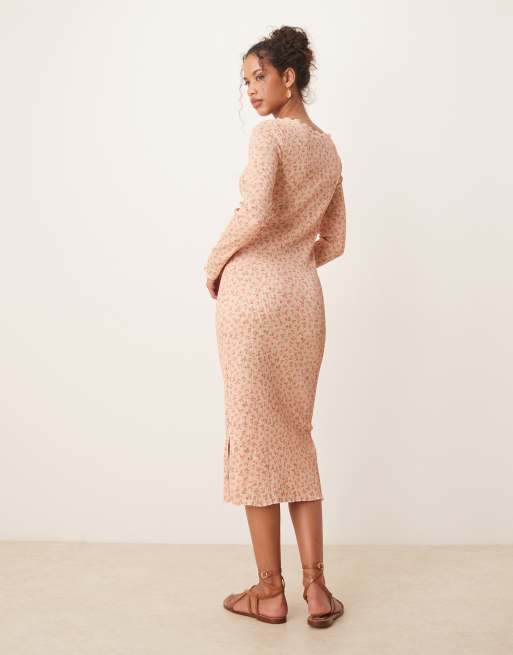 AWARE - Vestito midi plissé rosa chiaro con stampa a fiori, 4 di 4