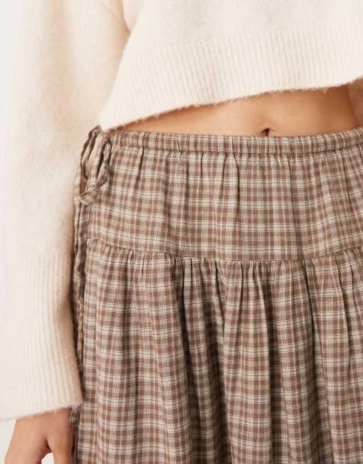 AWARE - Volle rok met gestrikte taille en mini ruitprint in beige en bruin, 4 van 5