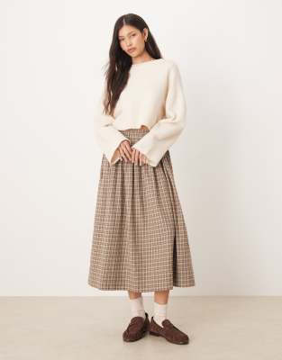 AWARE - Weiter, klein karierter Rock in Beige und Braun mit Bindedetail an der Taille-Neutral