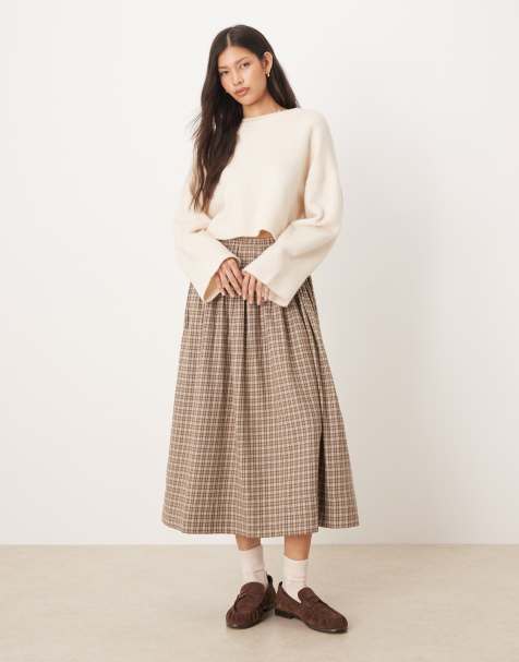 AWARE full tie waist detail skirt in beige and brown mini check print
