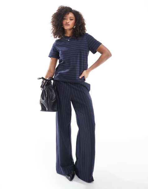 AWARE wide leg jersey trouser co-ord in navy stripe - view 1