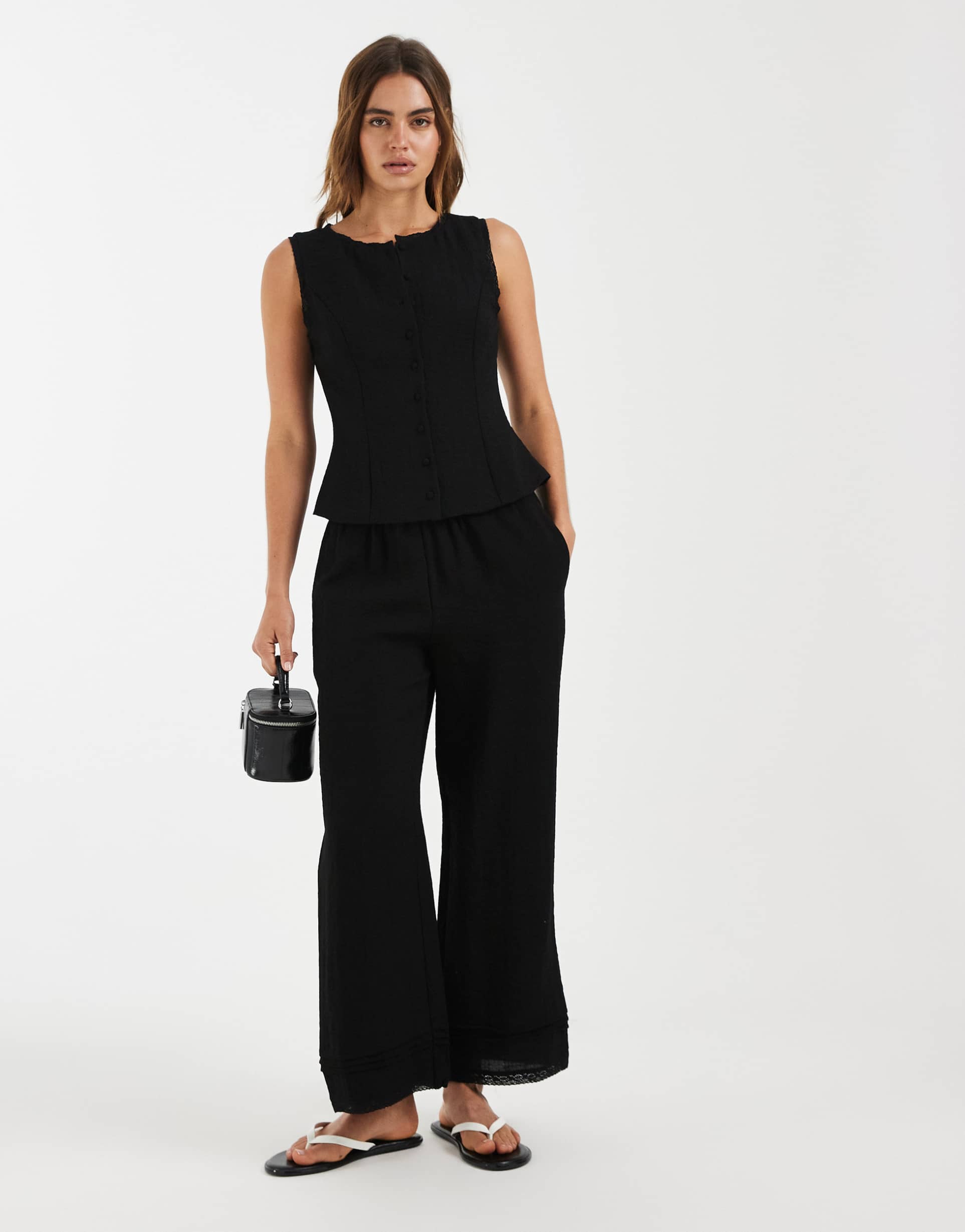 aware wide leg pants with lace trim detail in black - part of a set