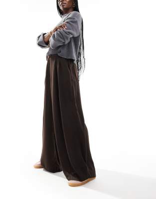 AWARE AWARE wide leg pleat front trousers in chocolate brown