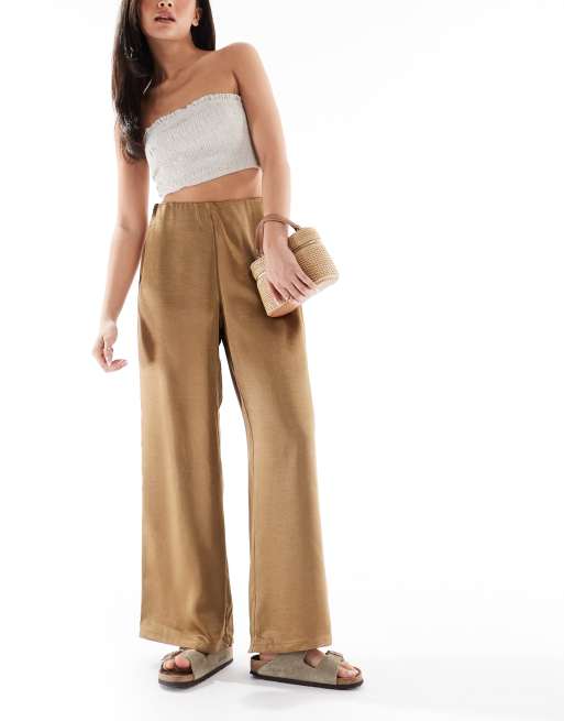 AWARE wide leg satin pull on pants in caramel