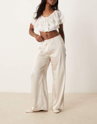 wide leg satin pull on pants in stone-Neutral