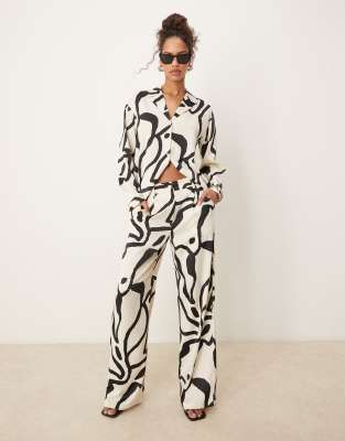 AWARE AWARE wide leg satin trouser co-ord in mono print-Multi