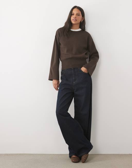 AWARE wide sleeve boxy knitted sweater in chocolate brown, 2 of 4