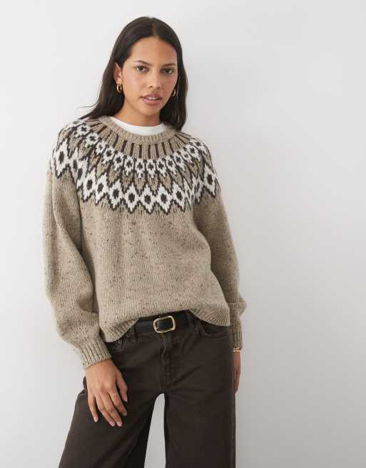 AWARE wollen blend trui met ronde hals en Fair Isle-motief in beige gemêleerd, 2 van 4