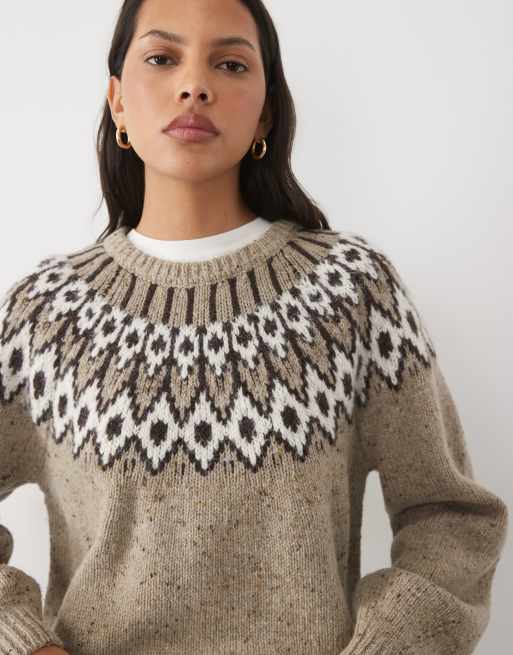 AWARE wollen blend trui met ronde hals en Fair Isle-motief in beige gemêleerd, 4 van 4