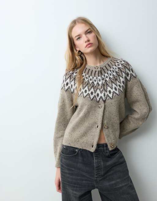 AWARE wolmix vest met ronde hals en Fair Isle-breisel in beige gemêleerd, 2 van 5