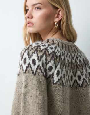 Aware Wool Blend Round Neck Fairisle Knitted Cardigan In Gray