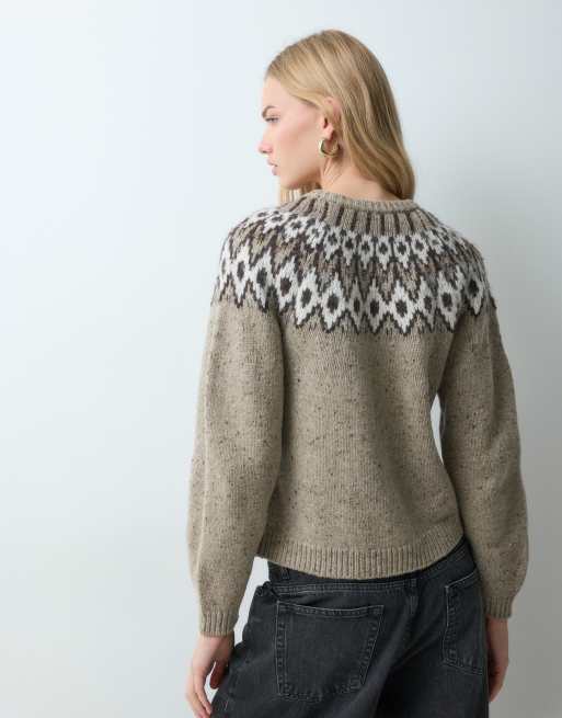 AWARE wool blend round neck fairisle knitted cardigan in beige melange, 4 of 5