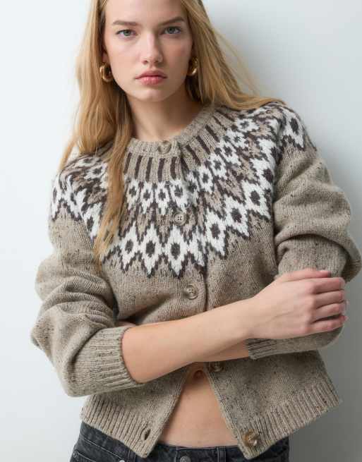 AWARE wool blend round neck fairisle knitted cardigan in beige melange, 5 of 5