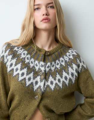 Aware Wool Blend Round Neck Fairisle Knitted Cardigan In Green