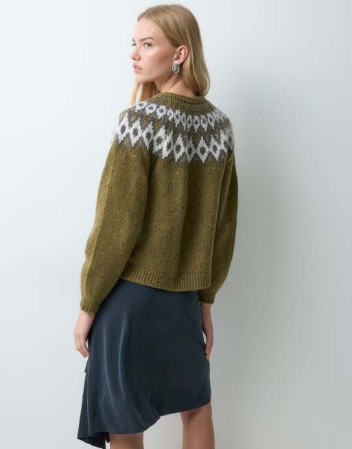 AWARE wool blend round neck fairisle knitted cardigan in olive green melange, 3 of 5