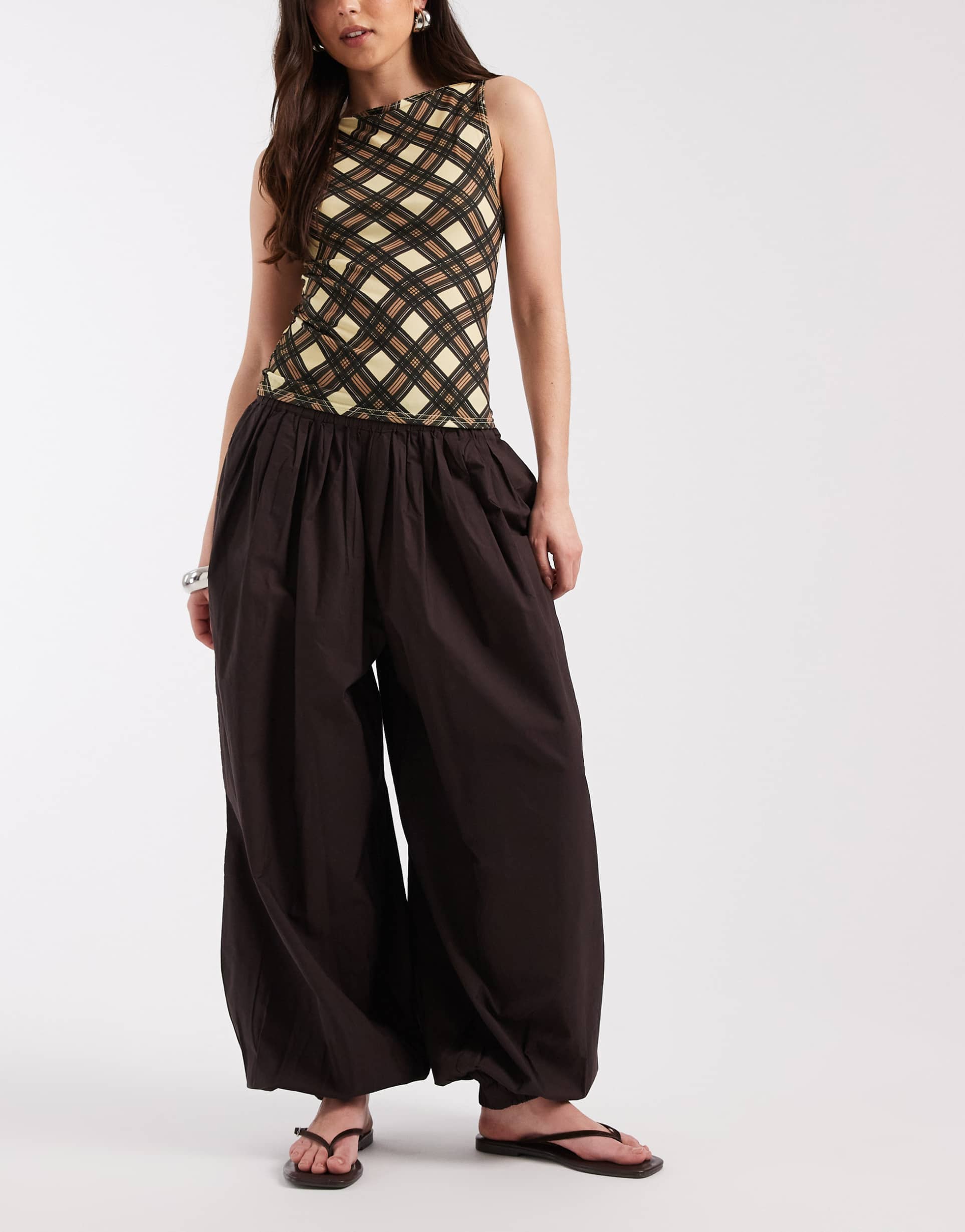 aware woven balloon pants with cuffed ankles in chocolate brown
