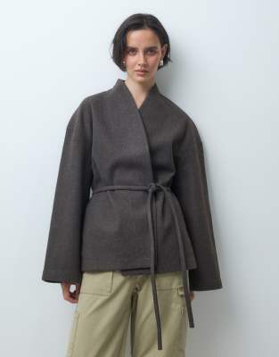 Aware Wrap Front Tie Detail Short Jacket In Gray
