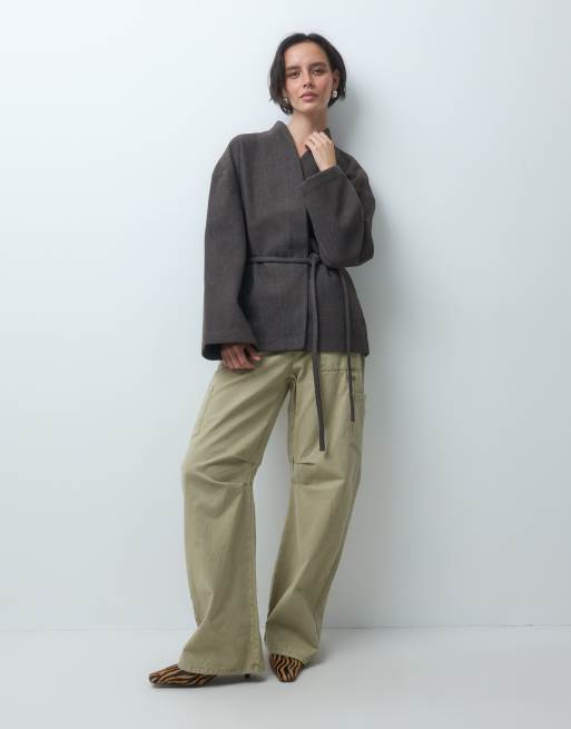 AWARE wrap front tie detail short jacket in chocolate brown, 4 of 4