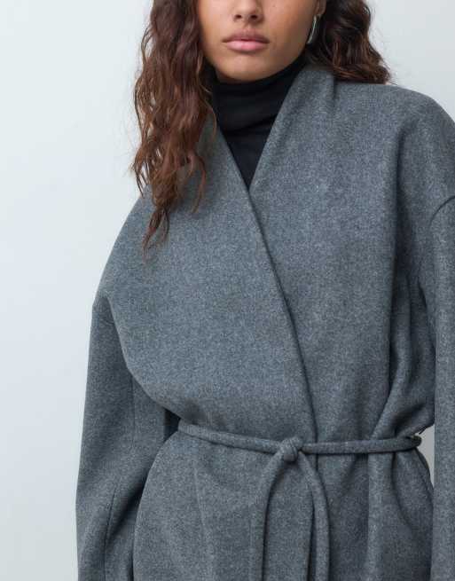 AWARE wrap front tie detail short jacket in dark gray melange, 3 of 4
