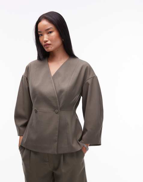 AWARE structured cinched waist tailored blazer co-ord in covert green