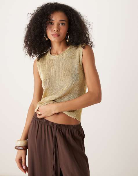 AWARE – Złoty metaliczny top bez rękawów o ażurowym splocie - view 1