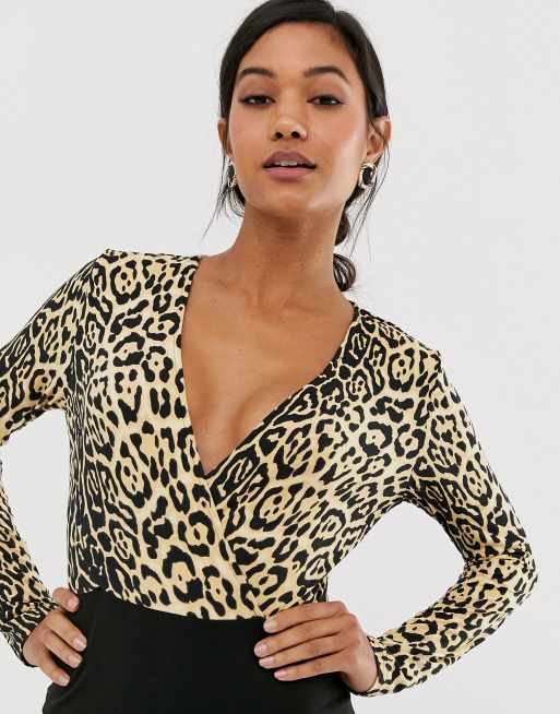 Brown Printed Wrap Top Long Sleeve Bodysuit – AX Paris