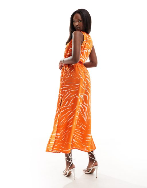 AX Paris – Ärmelloses Midikleid mit orangefarbenem Zebramuster und Zierausschnitten, 2 von 4