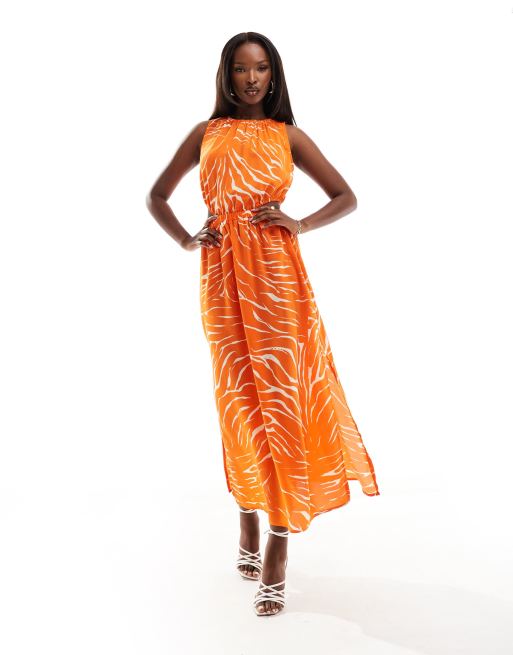 AX Paris – Ärmelloses Midikleid mit orangefarbenem Zebramuster und Zierausschnitten, 4 von 4