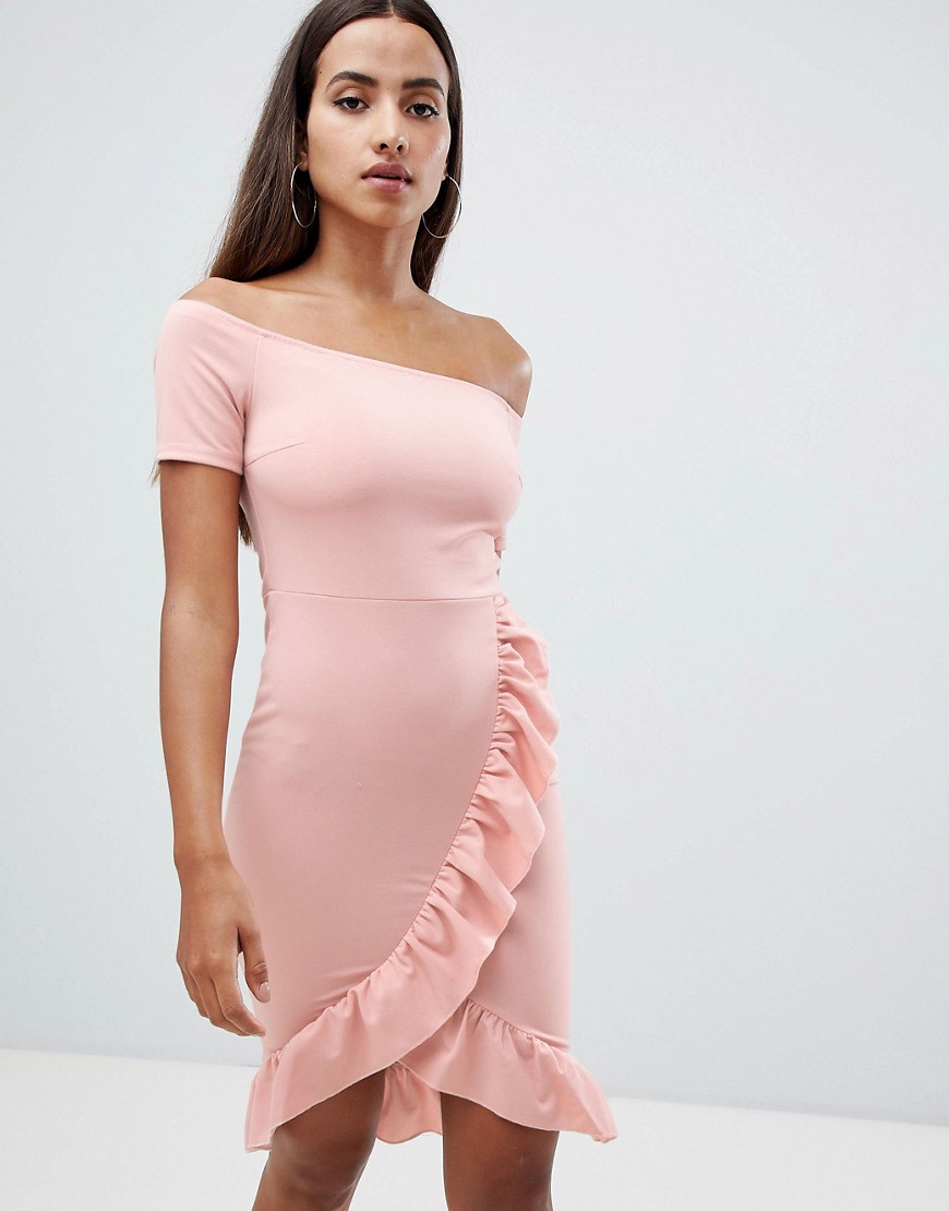 AX Paris Bardot Dress With Frill Detail-Pink