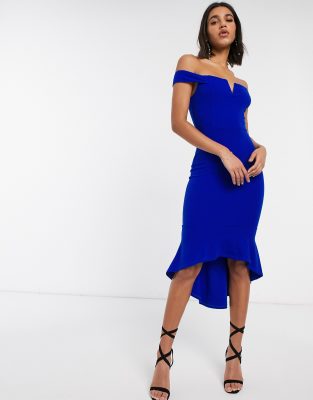 Ax Paris Bardot Fishtail Midi Dress blue ModeSens