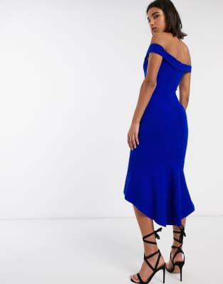 bardot fishtail midi dress