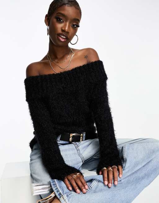 AX Paris bardot knitted jumper in black ASOS