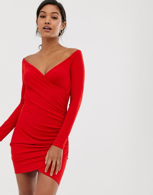 red slinky wrap strappy bodycon dress