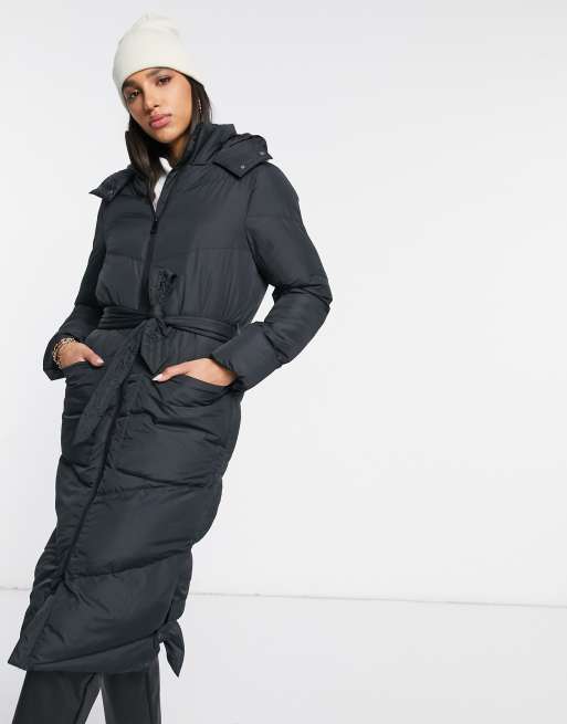 Black longline 2025 belted puffer jacket