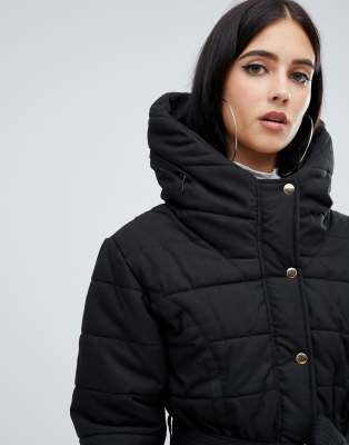 ax paris belted padded jacket with faux fur lining