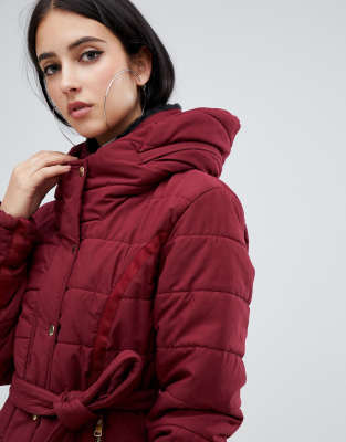 ax paris belted padded jacket with faux fur lining