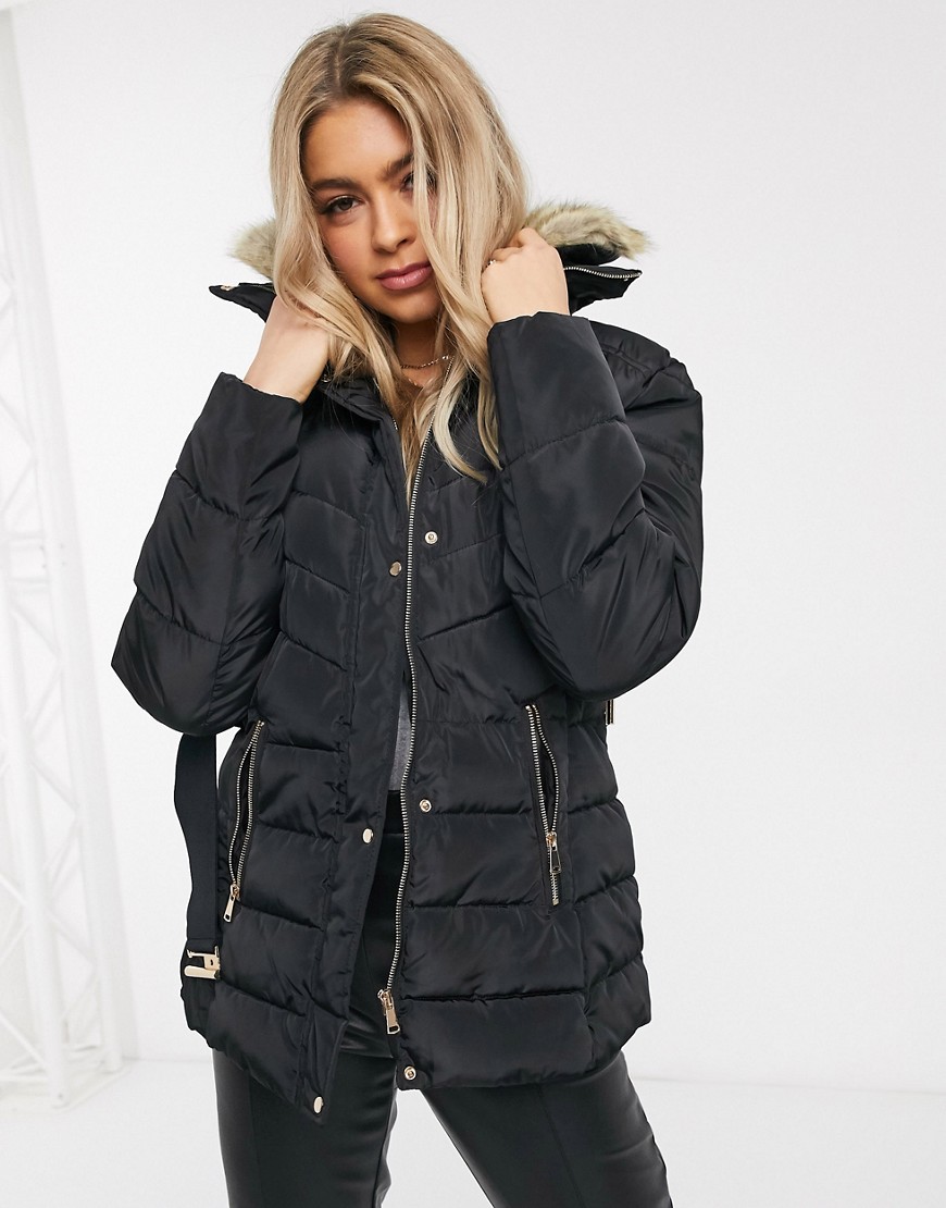 Ax Paris Belted Puffer Coat With Faux Fur Collar In Black | ModeSens