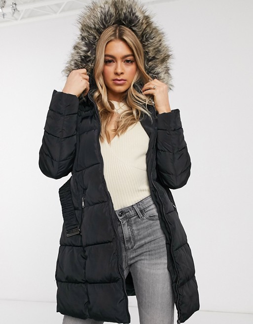 AX Paris belted puffer longline coat with faux fur hood
