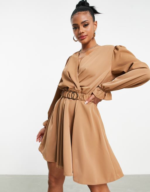 Peach Short Sleeve High Neck Belted Skater Dress – AX Paris