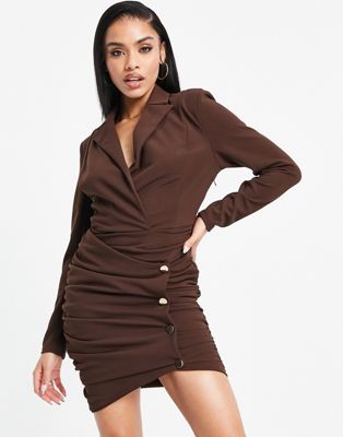 blazer dress with button detail skirt in chocolate-Brown