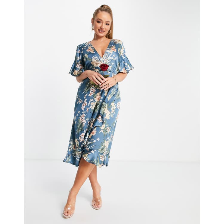 AX Paris Bridesmaid ruffle midi dress in blue floral ASOS