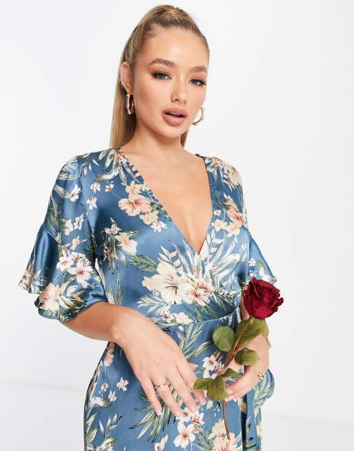 AX Paris Bridesmaid ruffle midi dress in blue floral