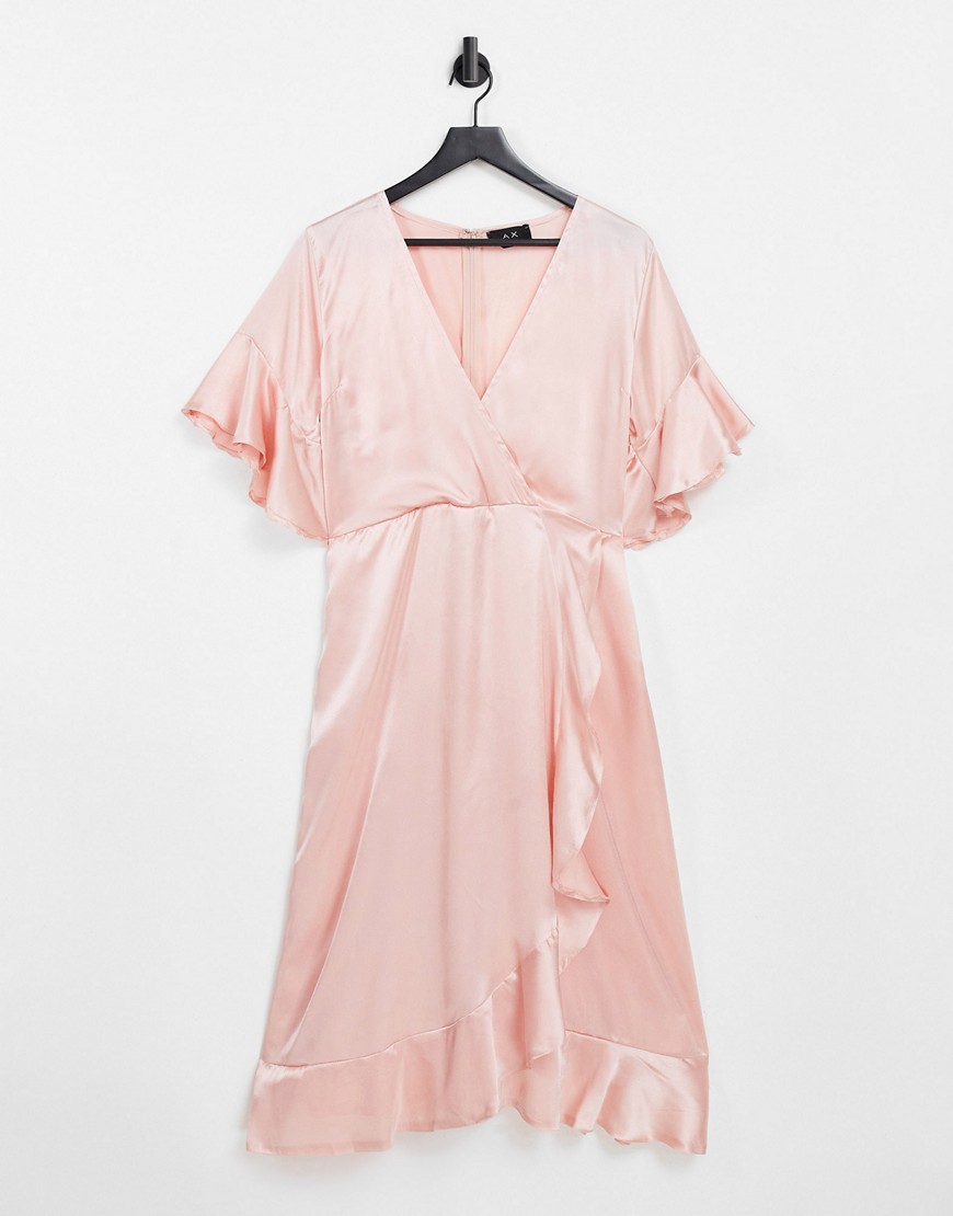 AX Paris - Bruidsmeisjes - Satijnen midi jurk met overslag en ruches in roze