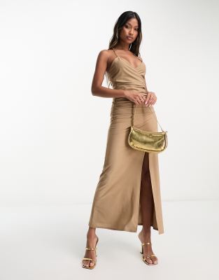 AX Paris chain back detail cami maxi wrap dress in camel