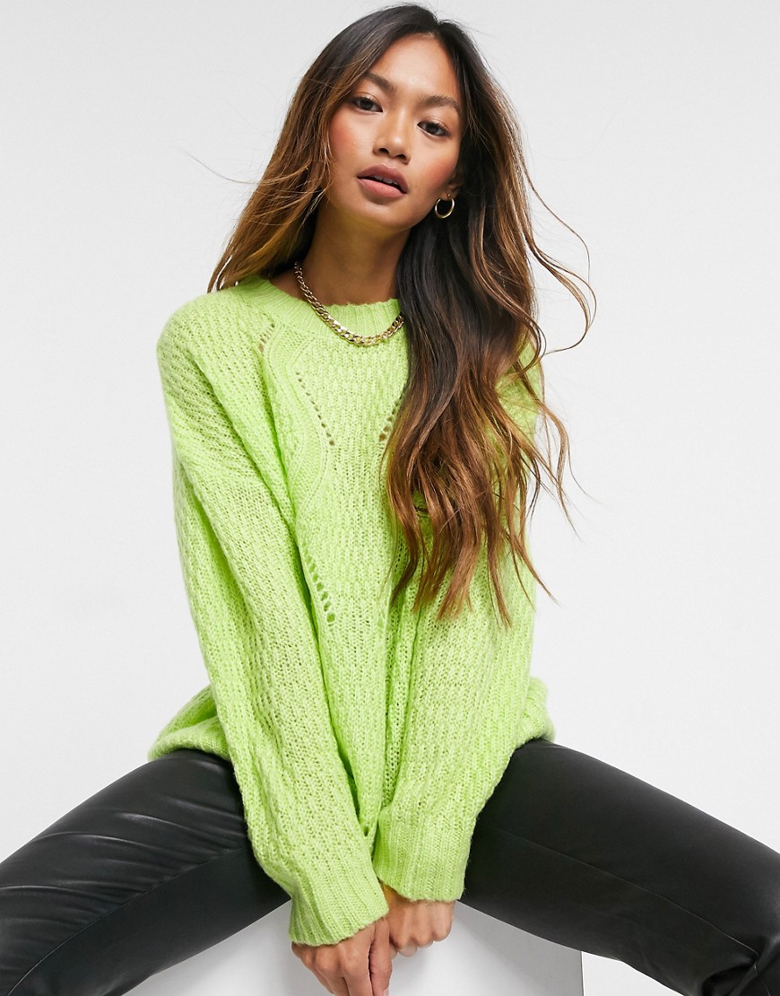 Ax Paris Chunky Chevron Cable Knit Sweater In Lime-green