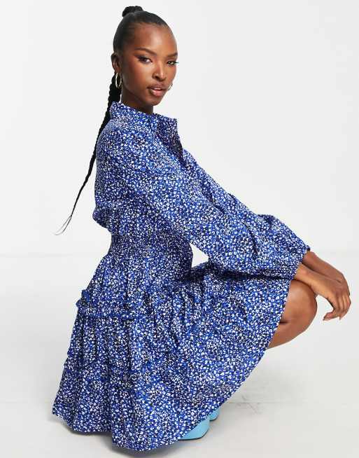 Navy Spot Print Tiered Shirt Dress