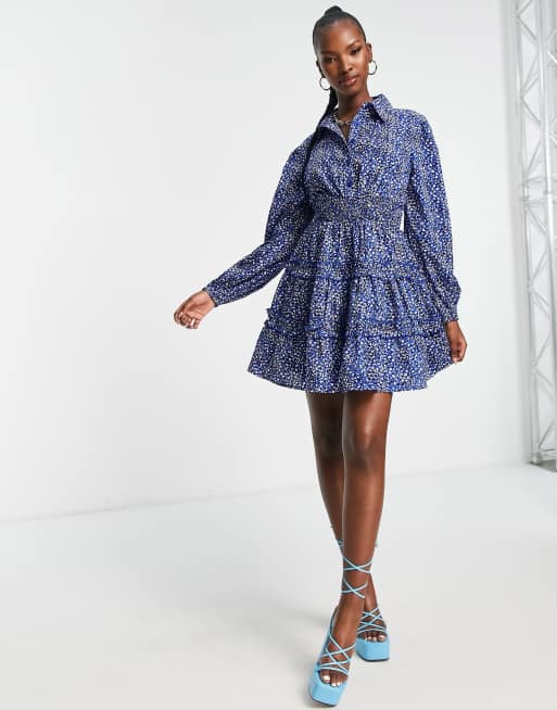 AX Paris cinched waist shirt dress in blue animal